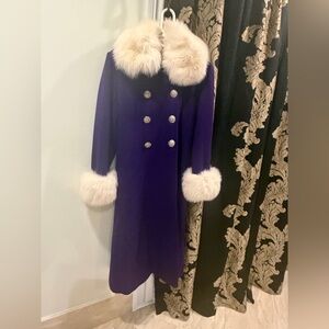 Stunning Heavy Purple Vintage Wool Coat with genuine fox fur trim.